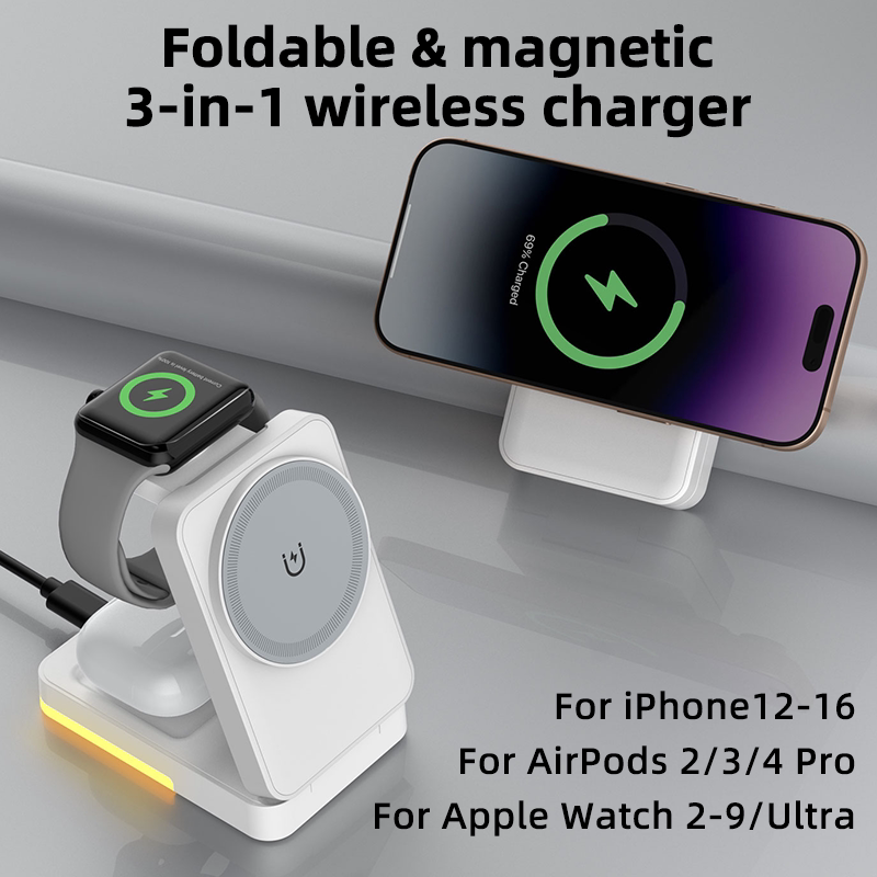 Foldable Magnetic 3 In 1 Wireless Charger Station, 15W Fast Charging Stand For Iphone, Apple Watch, Airpods With Night Light