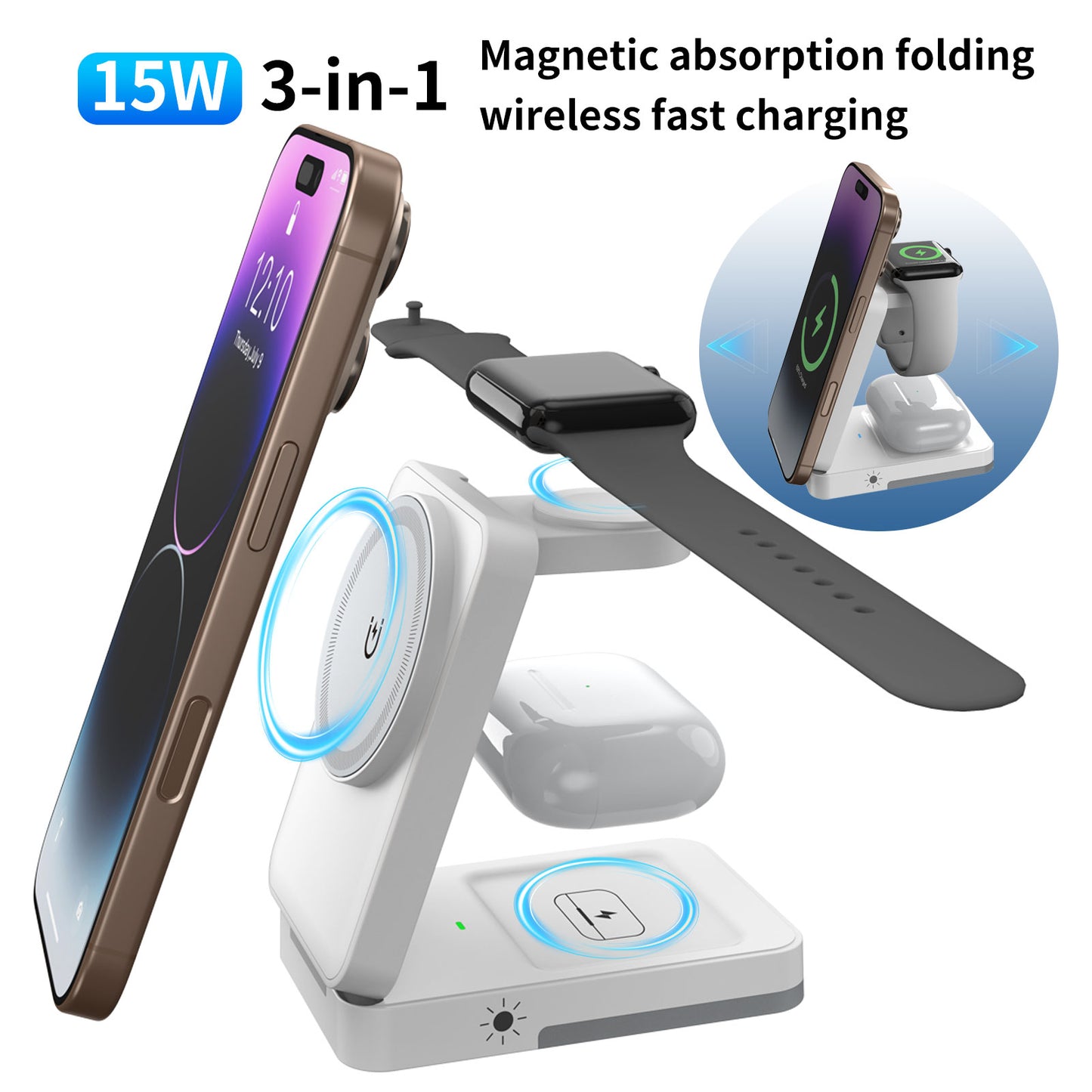 Foldable Magnetic 3 In 1 Wireless Charger Station, 15W Fast Charging Stand For Iphone, Apple Watch, Airpods With Night Light