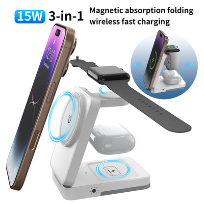 Foldable Magnetic 3 In 1 Wireless Charger Station, 15W Fast Charging Stand For Iphone, Apple Watch, Airpods With Night Light