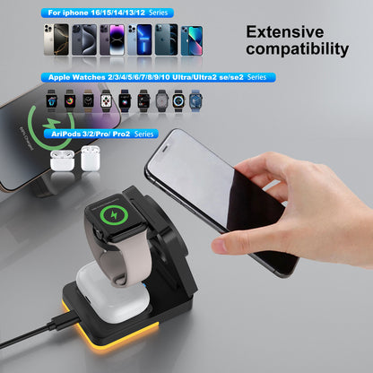 Foldable Magnetic 3 In 1 Wireless Charger Station, 15W Fast Charging Stand For Iphone, Apple Watch, Airpods With Night Light