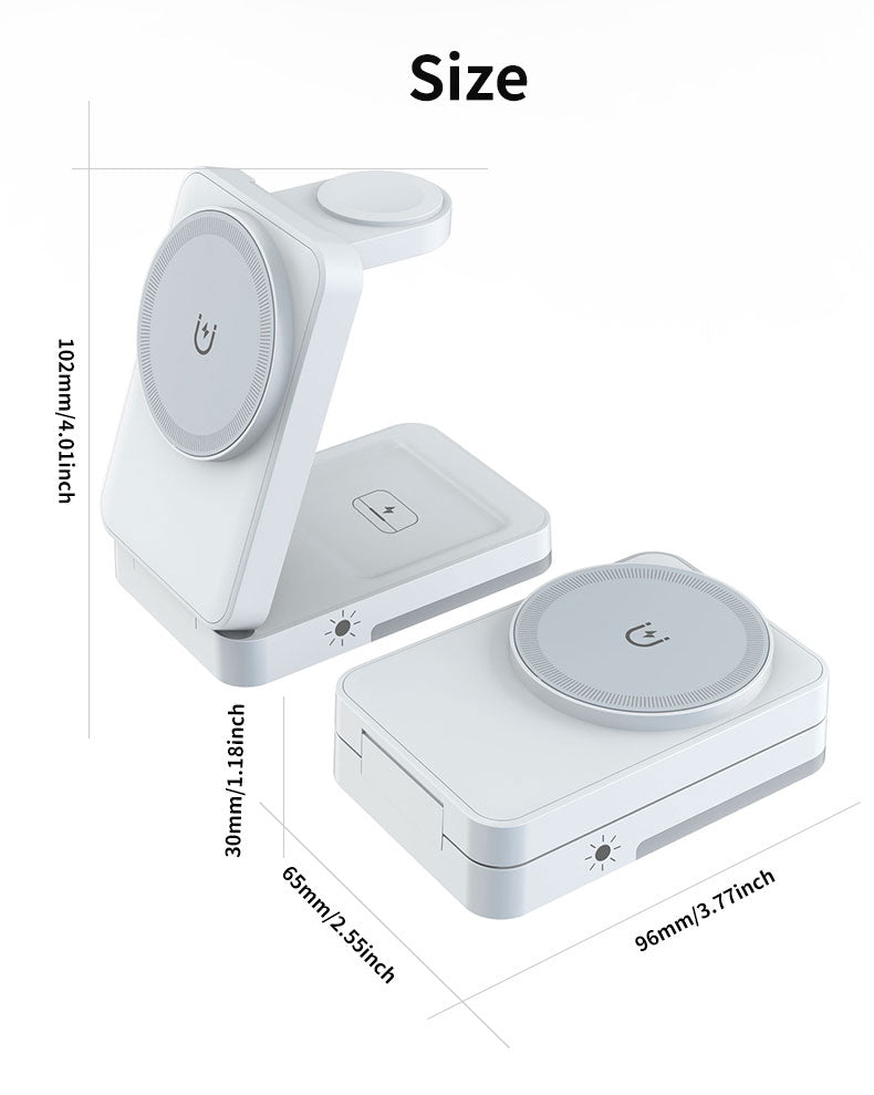 Foldable Magnetic 3 In 1 Wireless Charger Station, 15W Fast Charging Stand For Iphone, Apple Watch, Airpods With Night Light