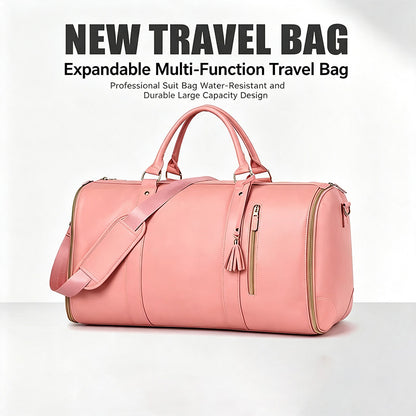 Waterproof Leather Garment Bag Duffle, Expandable Multi Compartment Suit Travel Bag, Large Capacity Carry On Weekender Bag For Business Trips