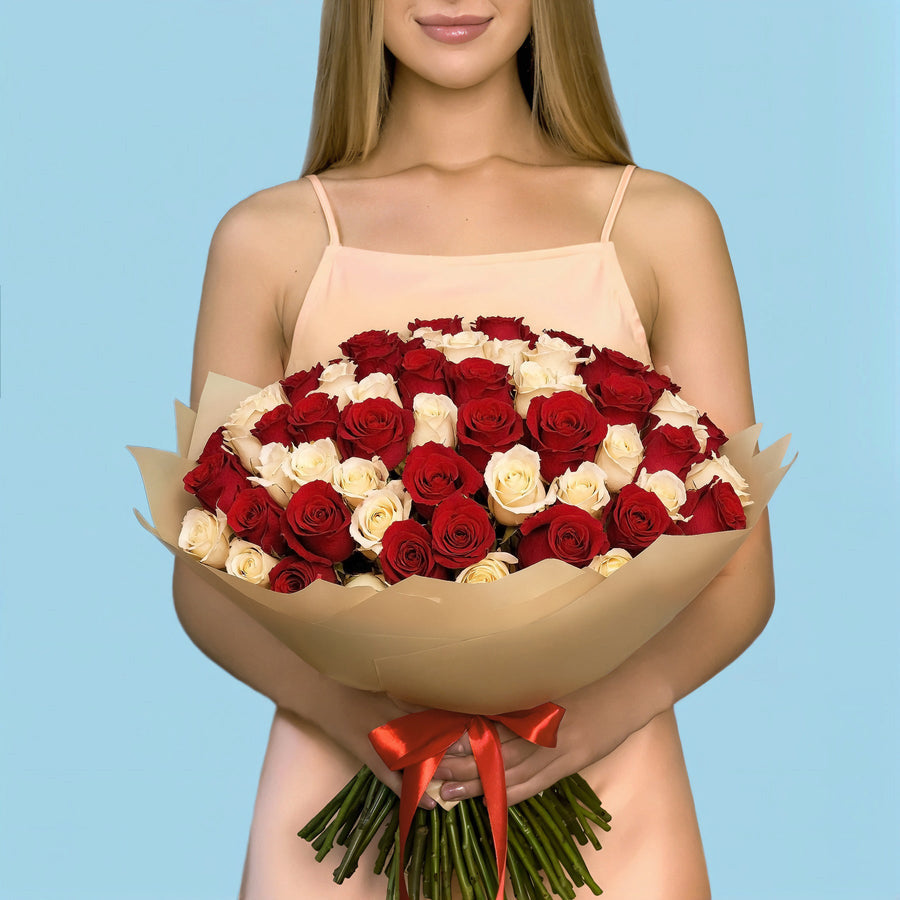 100 White and Red Roses from Kenya